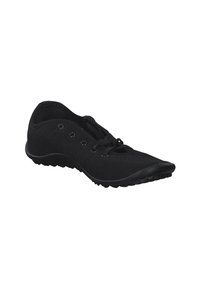 Black athletic shoe with a mesh upper, lace-up design, and rubber sole. Features circular eyelets and textured surface for grip.
