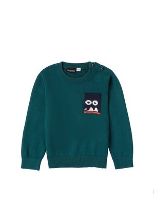 Dłuższy rękaw dziecięcy sweter w ciemnym kolorze teal, z okrągłym dekoltem, dwoma guzikami na ramieniu oraz małą granatową kieszonką z białym wzorem twarzy potwora.