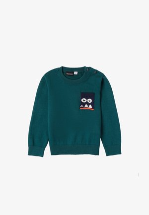 Pull enfant bleu sarcelle foncé à manches longues avec un col rond, deux boutons à l'épaule et une petite poche bleue marine avec un dessin de visage de monstre blanc.