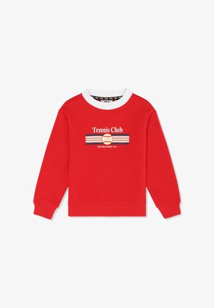 Czerwona bluza z długim rękawem z białym prążkowanym kołnierzem, tekstem "Tennis Club", paskowanym wzorem i logo FILA na środku przodu.