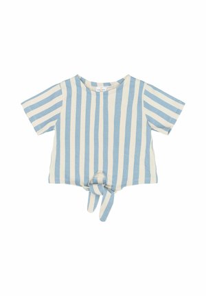 Kék-fehér csíkos, rövid ujjú felső csomós elülső részlettel. Puha anyagból készült, laza szabással és kerek nyakkivágással.