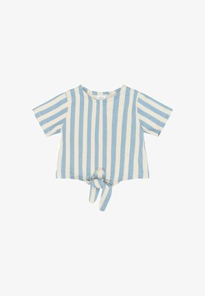 Blå- og hvidstribet top med korte ærmer og knude-detalje foran. Fremstillet af blødt stof med løs pasform og rund halsudskæring.