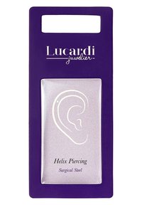 Lucardi helix piercing display kaart in paars, met een zilveren oorafbeelding, en de teksten "Helix Piercing" en "Chirurgisch staal" eronder.