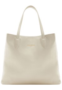 Beige Leder-Tote mit zwei runden Griffen. Verfügt über dezente Branding-Prägung in Gold nahe der Oberseite. Glatte Textur, minimalistisches Design.