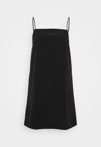 Schwarzes ärmelloses Kleid mit dünnen Trägern, aus glattem Stoff gefertigt. Einfaches Design mit gerader Silhouette und minimalen Details.