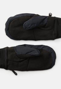 Svarta vantar med ett mjukt ytterlager, med en mörkblå detalj på tummen och handleden, samt en dragsko för en tät passform.