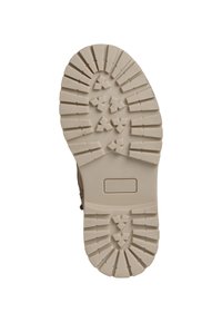 Semelle de botte en cuir marron avec un motif de semelle profond, dotée d'une construction en caoutchouc épais et d'une couleur beige, conçue pour l'adhérence et la durabilité.