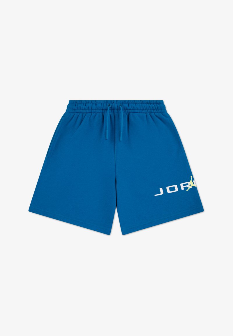 Shorts de sport bleus en mélange de coton doux. Caractéristiques : taille élastique, cordon de serrage et logo blanc imprimé sur le bas à l'avant.