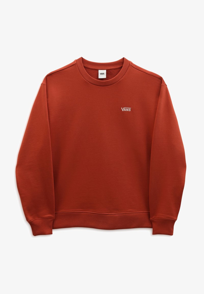 Sweat-shirt col rond orange rouille avec petit logo blanc Vans sur la poitrine gauche, poignets, col et ourlet côtelés.