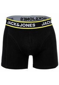 Svarta bomullskalsonger med en bred grå midjeband som har "JACK & JONES" i vitt och en gul accentlinje. Slät textur, slim fit-design.