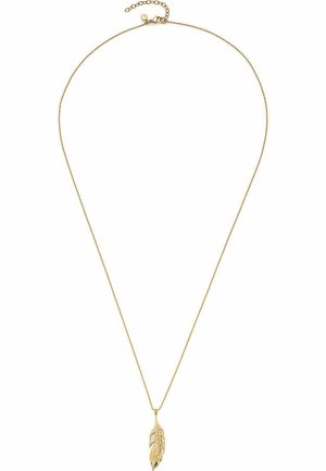 Delikatny złoty naszyjnik z łańcuszkiem, z detalicznym złotym wisiorkiem w kształcie pióra oraz małym regulowanym zapięciem.