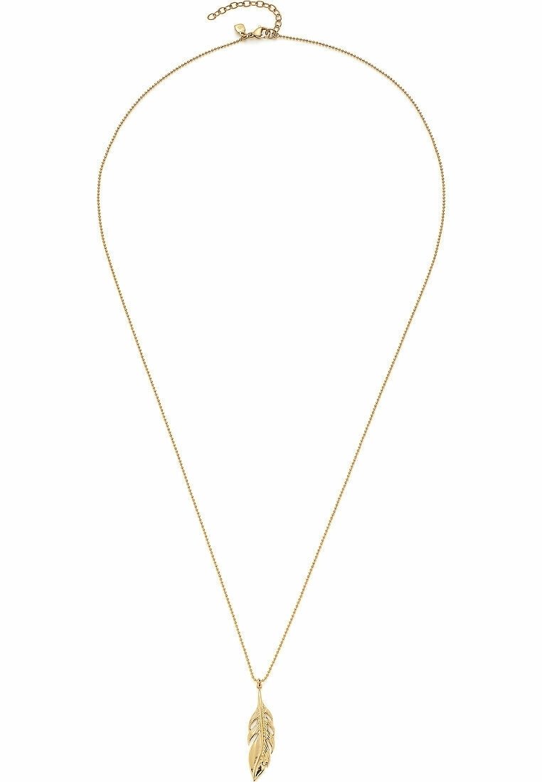 Collier délicat en chaîne d'or avec un pendentif plume en or détaillé et une petite fermeture à boucle réglable.