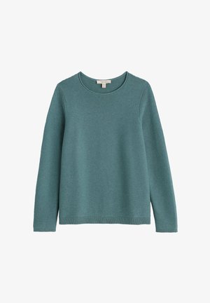 Melsvos megztinis su briaunomis, ilgomis rankovėmis ir apvaliu iškirpimu. Išskirtinis audinys su tekstūra ir tiesi apdailos linija. Nėra matomų raštų.