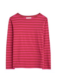 Långärmad topp i mörkrosa bomull med horisontella ljusrosa ränder. Rund halsringning och avslappnad passform. Slät textur, inga synliga detaljer.