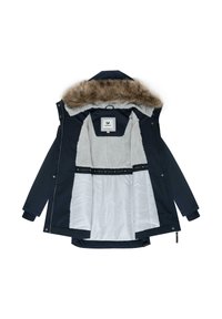 Navy parka jacket with a faux fur-lined hood, gray fleece interior, and smooth, white satin lining. Features a zip closure and side pockets.