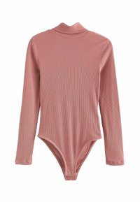 Hosszú ujjú body puha rózsaszín bordás anyagból. Magas gallérral és tanga fazonú aljjal rendelkezik. Simaság, testhezálló kialakítás.