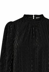 Black long-sleeve blouse featuring a high neckline, pleated texture, and subtle striped pattern. Back keyhole closure detail.