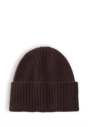 Cappello beanie lavorato a maglia marrone scuro con risvolto, mostrato disteso su sfondo bianco.
