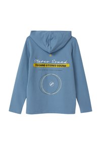 Blauwe hoodie met een trekkoordcapuchon, lange mouwen en witte en gele grafische tekst op de achterkant. Zachte stof met een gladde textuur.
