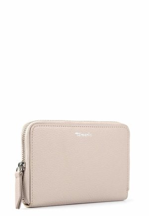 Portafoglio in pelle beige chiaro con texture, dotato di cerniera argento e piccolo logo "Tamaris" in argento sul davanti.
