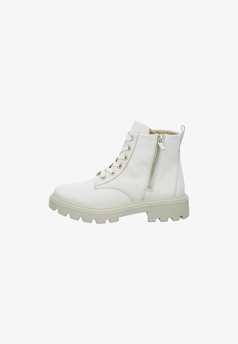 Bottines blanches en cuir avec une finition texturée, présentant un laçage à l'avant, une fermeture éclair latérale et une semelle en caoutchouc épaisse.