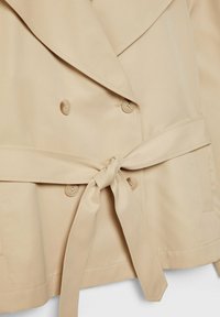 Beige trench coat close-up showing double-breasted buttons and a fabric belt tied in a knot at the waist.