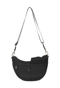 Černá nylonová taška přes rameno s zakřiveným tvarem, obsahující zipovou kapsu, zacvakávací uzávěr a nastavitelný popruh. Texturovaný povrch se decentním logem.