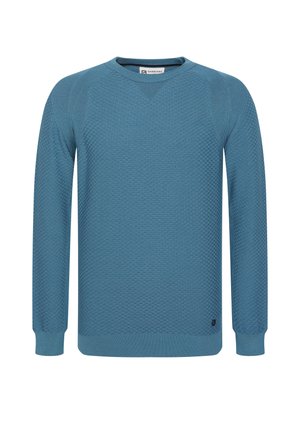 Modra teksturirana pulover s krožnim izrezom, dolgimi rokavi in rebrastimi manšetami. Ima diamantni vzorec in majhen logotip na robu.