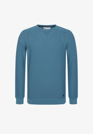 Sinine tekstuuriga kampsun, ümmarguse kaeluse, pikemate varrukate ja soonikkoes mansettidega. Omab rombimustrit ja väikest logosilti allääres.