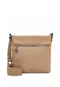 Borsa a tracolla beige in pelle perforata con design piatto, dotata di una tasca con zip e tracolla regolabile. Inclusi dettagli in metallo argentato.