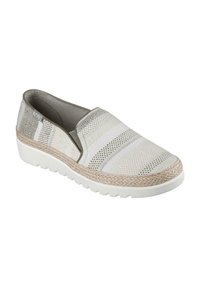 Zapato sin cordones con una parte superior tejida en gris claro y blanco texturizada, que presenta una suela intermedia envuelta en yute y una suela exterior de goma blanca con surcos.