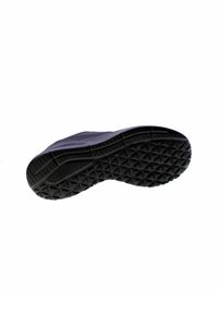 Paarse sneakerzool met een getextureerd rubberpatroon en een geometrisch ontwerp, met een verhoogd profiel voor grip. Platte, duurzame constructie.