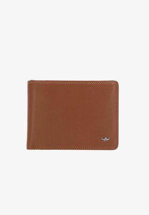 Portefeuille bi-fold en cuir marron avec coutures visibles et petit logo argenté en bas à droite, montré fermé sur fond blanc.