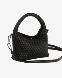 Geantă din material textil negru, cu un vârf rotunjit, mânere duale, curea de umăr ajustabilă, textură netedă și o formă compactă dreptunghiulară.