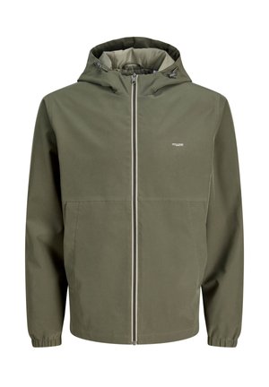 Oliivinvihreä hupullinen takki, jossa etuvetoketju, joustavat hihansuut, kaksi sivutaskua ja pieni valkoinen logo vasemman rinnan kohdalla.