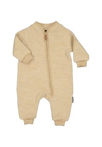 Beige vauvojen potkupuku pehmeästä, teksturoidusta kankaasta, jossa on edessä vetoketju ja resoriset hihansuut. Yksinkertainen malli ilman kuvioita tai koristeita.