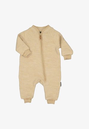 Beige babybody lavet af blødt, tekstureret stof med frontlynlås og ribstrikkede manchetter. Simpelt design uden mønstre eller detaljer.