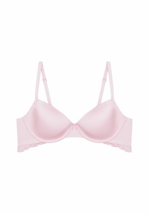 Różowy, wyściełany stanik z gładkimi miseczkami, cienkimi regulowanymi ramiączkami i falbaniastymi krawędziami na obwodzie dla dodatkowego szczegółu. Miękka faktura materiału.