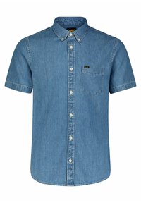 Jasnoniebieska, krótko rękawowa koszula dżinsowa z kołnierzykiem zapinanym na guziki, przednią kieszonką i metką firmową. Posiada gładką strukturę i klasyczny design.