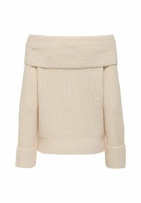 Sweter w kolorze kremowym, off-the-shoulder, z teksturowanym wzorem dzianiny, z długimi rękawami z podwiniętymi mankietami i luźnym krojem.