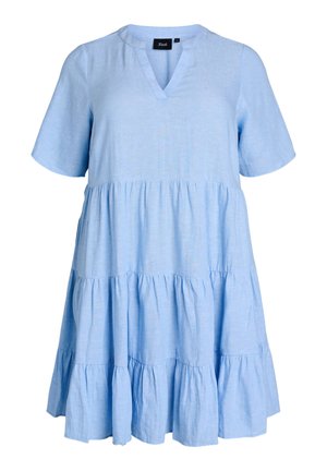 Šviesiai mėlyna trumpomis rankovėmis sluoksniuota suknelė su V formos iškirpte ir laisvu, plazdančiu siluetu, pagaminta Zizzi.