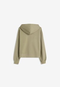 Olive green cropped hoodie with a drawstring hood, long sleeves, and ribbed cuffs. Soft texture with a simple, clean design.