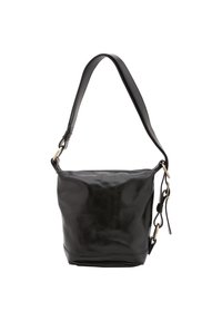 Borsa a spalla in pelle nera con una morbida finitura, forma curva e tracolla regolabile. Presenta dettagli in metallo dorato e chiusura con zip.