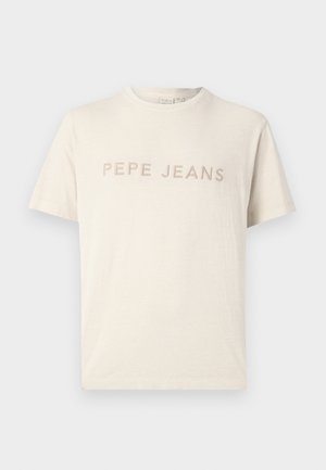 Beżowa koszulka z krótkim rękawem i okrągłym dekoltem, z haftowanym napisem "PEPE JEANS" w jasnobeżowym kolorze na piersi.