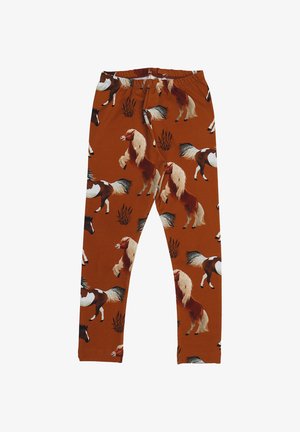 Brown leggings featuring varying horse prints, with a soft, stretchy fabric and an elastic waistband for comfort.