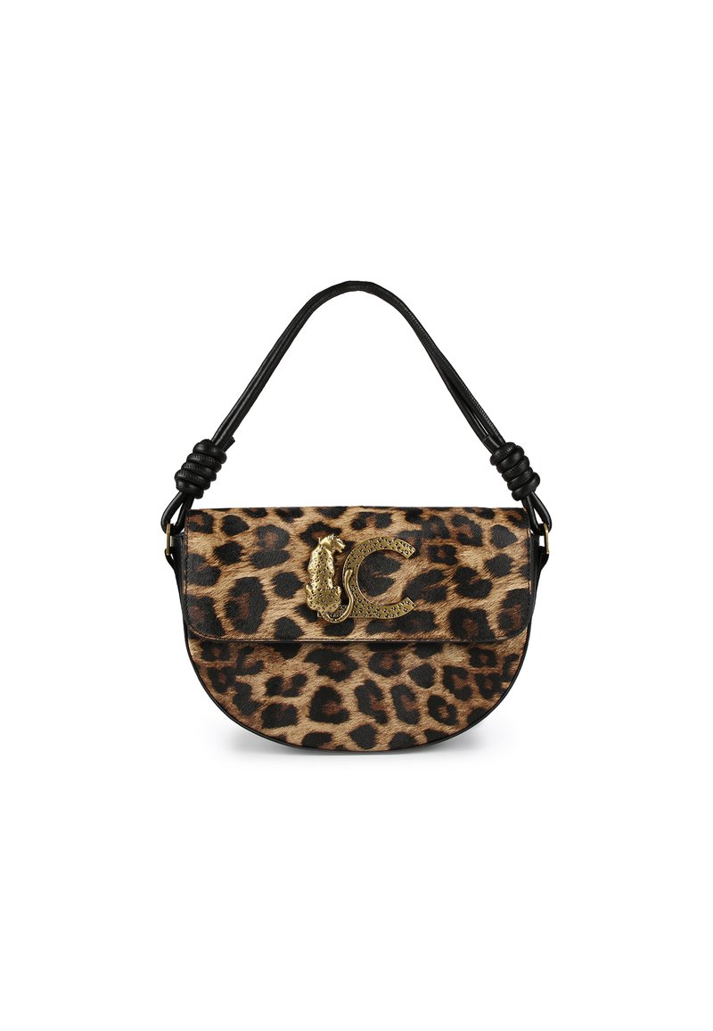 Borsa con motivo leopardato, manico in pelle nera, con dettaglio del logo in tonalità oro. Tessuto testurizzato e forma arrotondata.