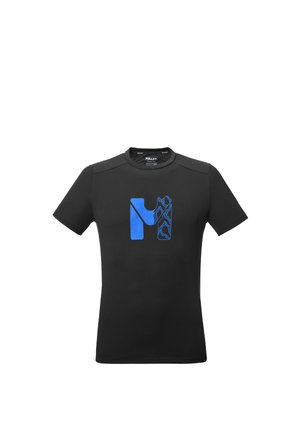 Black short-sleeve t-shirt with a blue stylized "M" logo featuring mountain-like patterns on the front center.