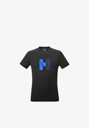Black short-sleeve t-shirt with a blue stylized "M" logo featuring mountain-like patterns on the front center.