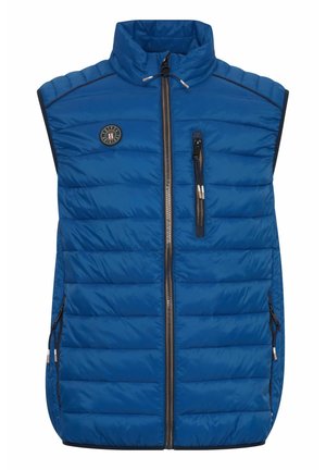 Gilet imbottito blu con colletto alto, chiusura frontale con zip e motivo a righe orizzontali. Include tasche laterali e un dettaglio del logo sul petto.
