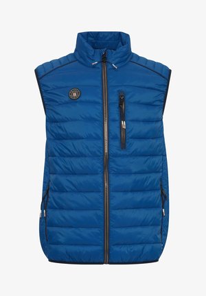 Gilet imbottito blu con colletto alto, chiusura frontale con zip e motivo a righe orizzontali. Include tasche laterali e un dettaglio del logo sul petto.